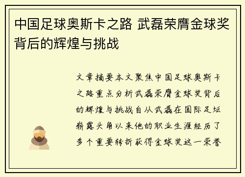 中国足球奥斯卡之路 武磊荣膺金球奖背后的辉煌与挑战